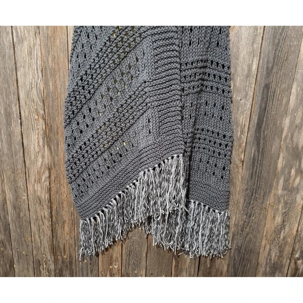 NEW Gray Shawl Scarf Wrap Boho Fringe Hand Knit Fringe Coastal Indie Artsy Moody